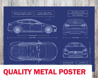 Tesla Model S 1st-Gen 2012-2016 Blueprint Metal Poster – Luxury EV Wall Art, Custom Gift for Doctors, Gearheads & Entrepreneurs