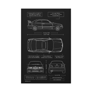 BMW E36 M3 Blueprint Canvas in Black | BMW M3 Owner Gift for Him | Car Enthusiast Lover Gift | BMW Wall Decor image 3