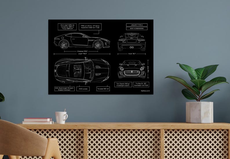 Jaguar F-TYPE S 2013–2019 Blueprint Metal Poster – Luxury Sports Car Wall Art, Personalized Gift for Car Lovers, Doctors & Entrepreneurs image 7