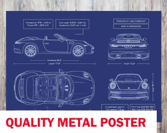 Porsche 911 992 Cabriolet 2020-2023 Blueprint Metal Poster – Premium Sports Car Wall Art for Garage, Man Cave or Office Gift