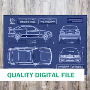 BMW M3 E36 Digital Blueprint Poster | 1990 - 2000 | Digital File | Car Enthusiast Gift | Automotive Wall Art | BMW Gift | Gifts for Him
