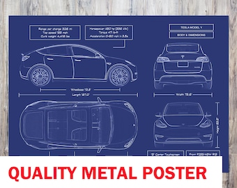 Póster metálico con plano del Tesla Model Y 2020-2023: arte mural futurista de vehículos eléctricos, regalo personalizado para amantes de los coches, médicos y emprendedores.