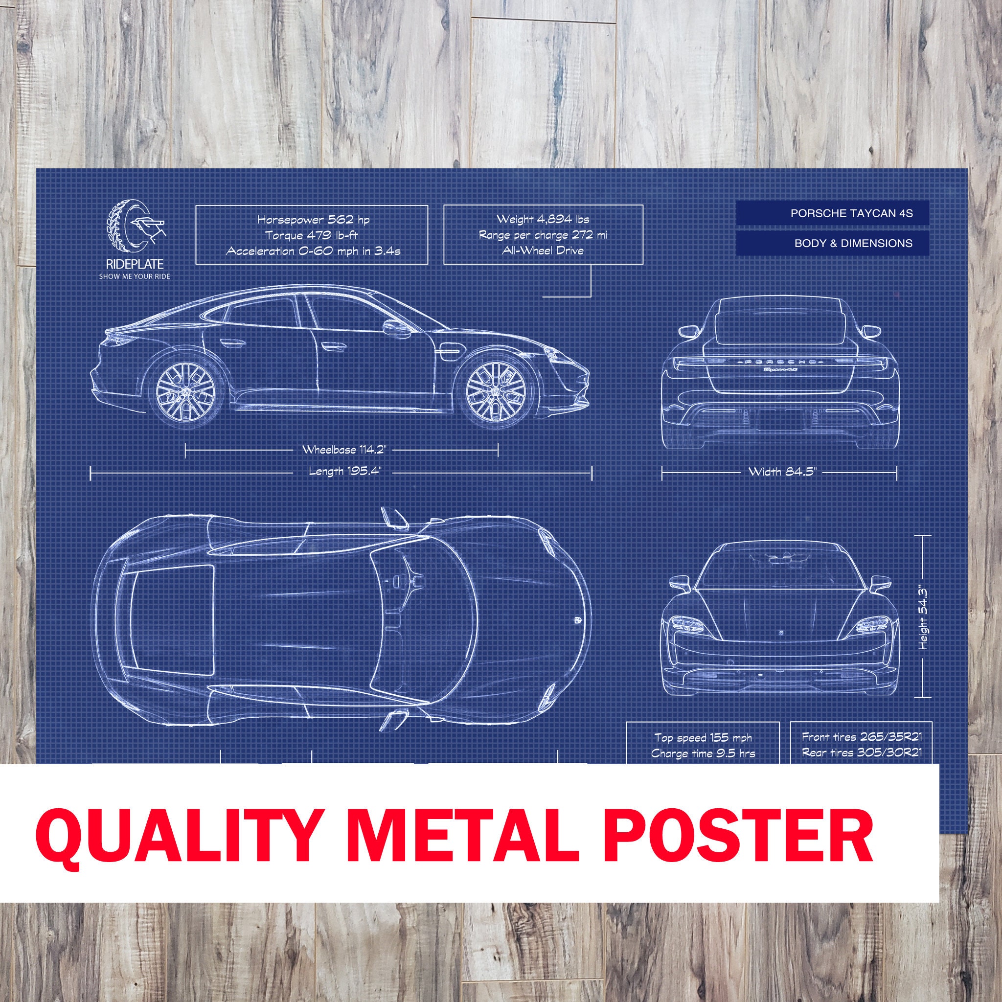 Porsche Taycan 4S | Blueprint METAL Poster | Car Enthusiast
