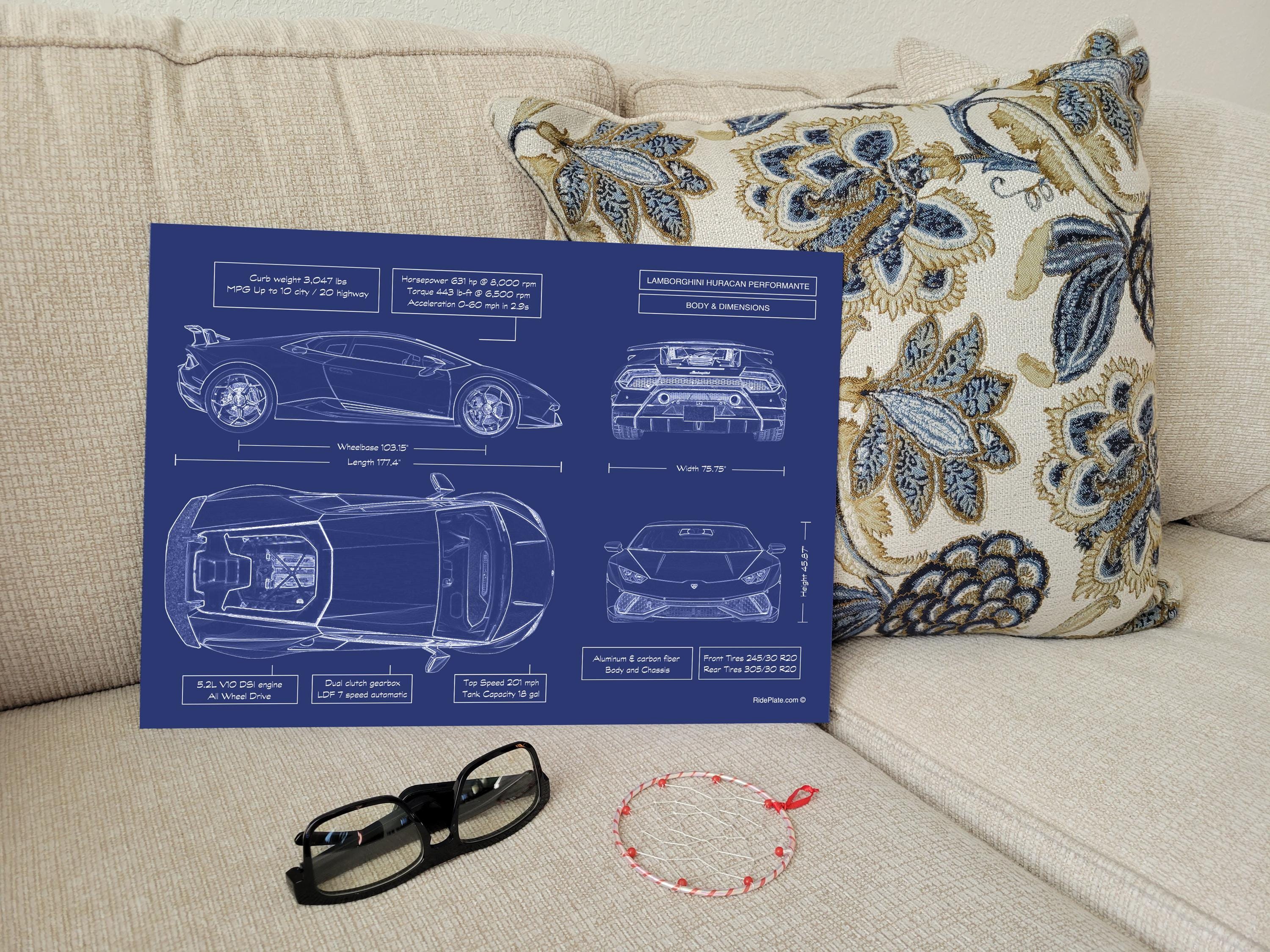 Lamborghini Huracán Performante 2017–2019 Blueprint Metal Poster