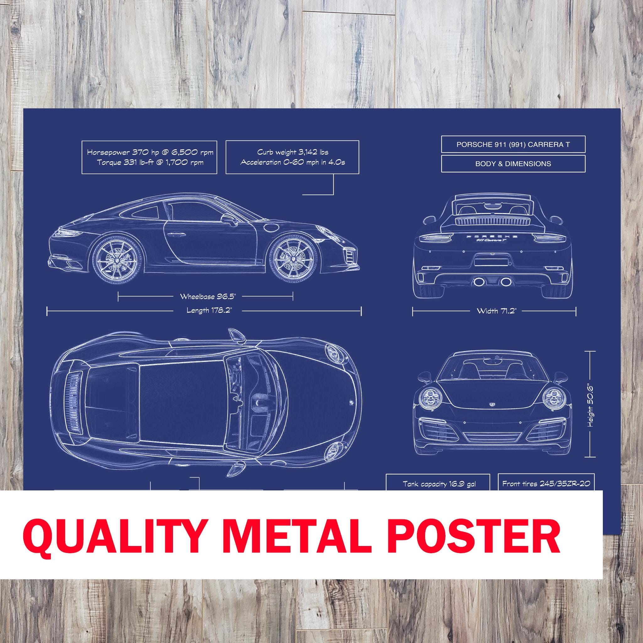 Porsche 911 Carrera T 991 2017-2022 Blueprint Metal Poster