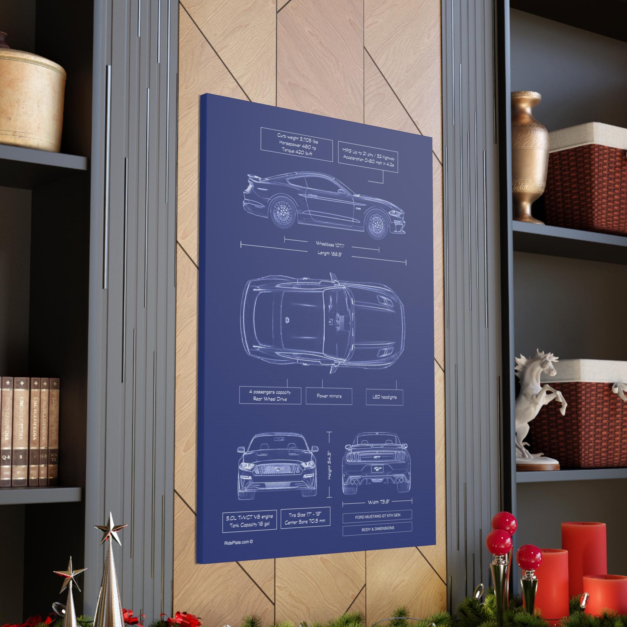 Mustang GT 6th Generation | 2015 - 2020 | Blueprint Canvas in Blue | Mustang Owner Gift for Him | Car Lover Gift | Automotive Wall Art