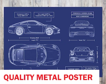 Porsche 911 Carrera 4S 992 2018-Present Blueprint Metal Poster – Premium Sports Car Wall Art, Personalized Gift for Doctors & Gearheads