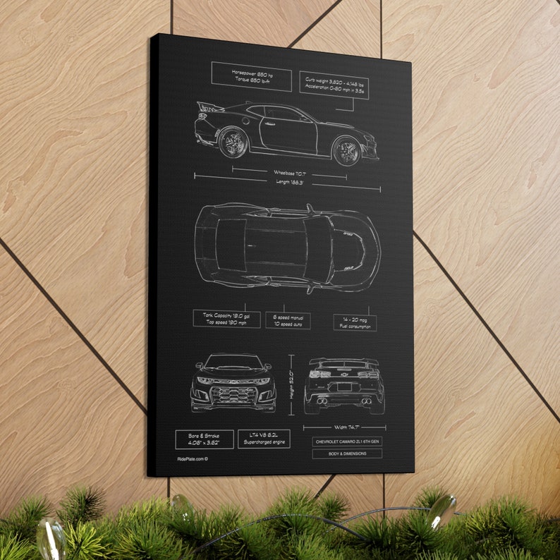 Chevy Camaro ZL1 6th Gen Blueprint Canvas in Black | Camaro ZL1 Owner Gift for Him | Car Enthusiast Lover Gift | Camaro ZL1 Wall Decor image 2