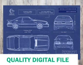 Ford Mustang Foxbody LX Hatchback High Quality Digital File | 1979 – 1993 Generation | Automotive Blueprint Wall Art | Mustang Gift