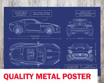Jaguar F-TYPE R 2014–2019 Blueprint Metal Poster – High-Performance British Sports Car Wall Art, Personalized Gift for Doctors & Gearheads