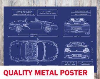 Porsche Boxster 986 1996-2004 Blueprint Metal Poster – Roadster Wall Art for Garage, Man Cave or Office Gift for Car Lovers
