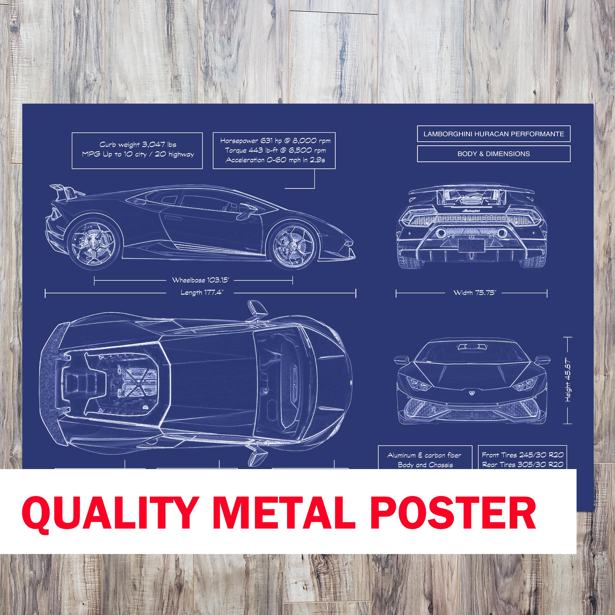 Lamborghini Huracán Performante 2017–2019 Blueprint Metal Poster