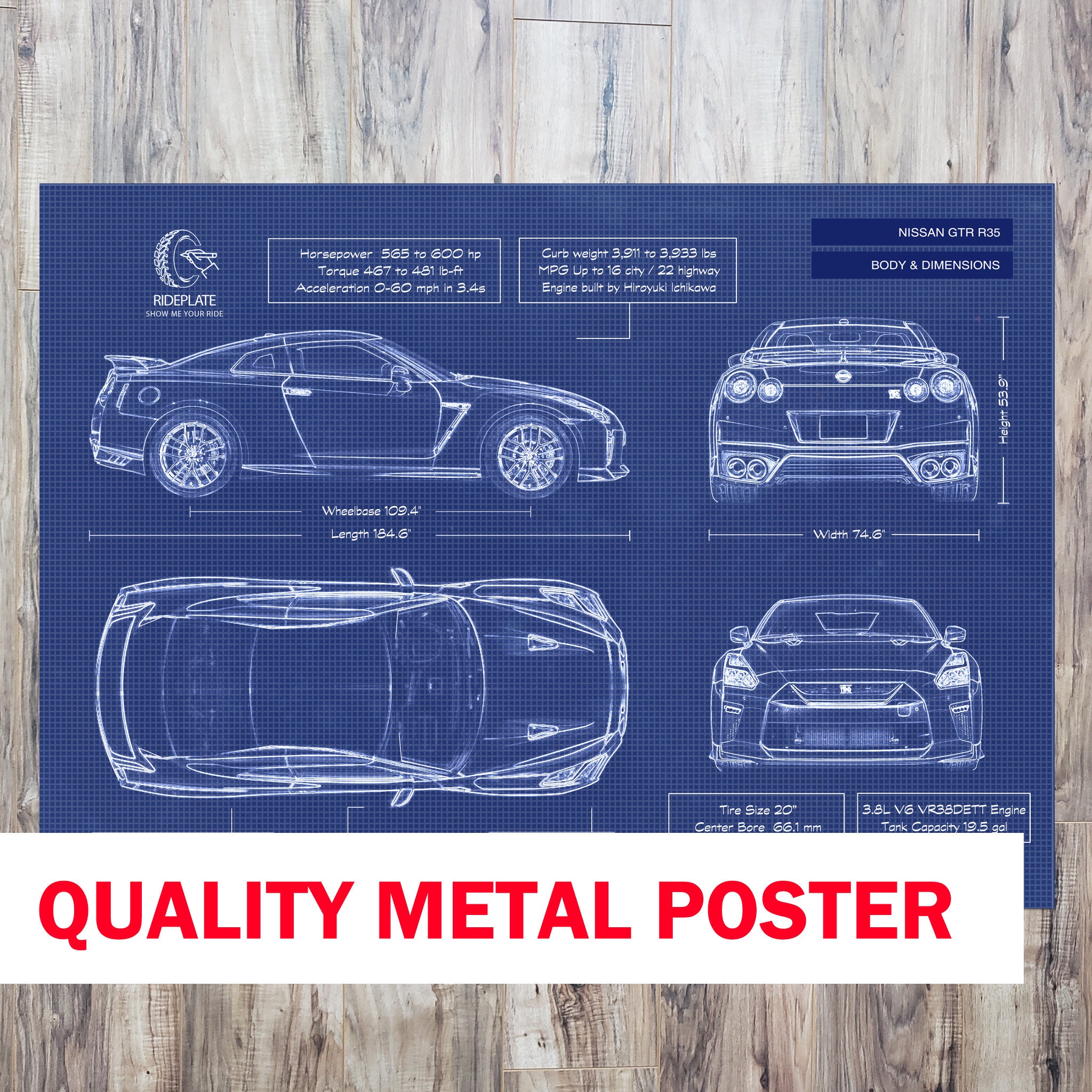 Nissan GTR R35 Metal Blueprint Poster 2016 2020 Car Enthusiast