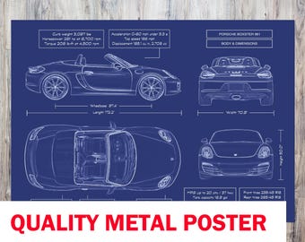 Porsche Boxster 981 Base 2012-2016 Blueprint Metal Poster – Roadster Wall Art for Garage, Office or Man Cave – Custom Gift for Car Lovers