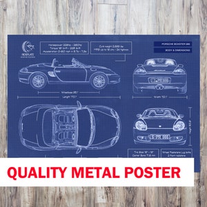 Porsche Boxster 986 Metal Poster Gift | 1996 - 2004 | Car Enthusiast Gift | Car Blueprint Wall Art | Gift for Porsche Owner | Mancave Decor