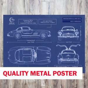 Mercedes Benz 300 SL Gullwing | Blueprint Metal Poster | Car Enthusiast Lover Gift | Gift for Mercedes Benz Collector | Classic Car Art