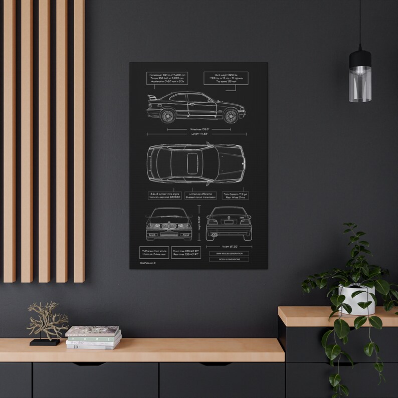 BMW E36 M3 Blueprint Canvas in Black | BMW M3 Owner Gift for Him | Car Enthusiast Lover Gift | BMW Wall Decor image 5