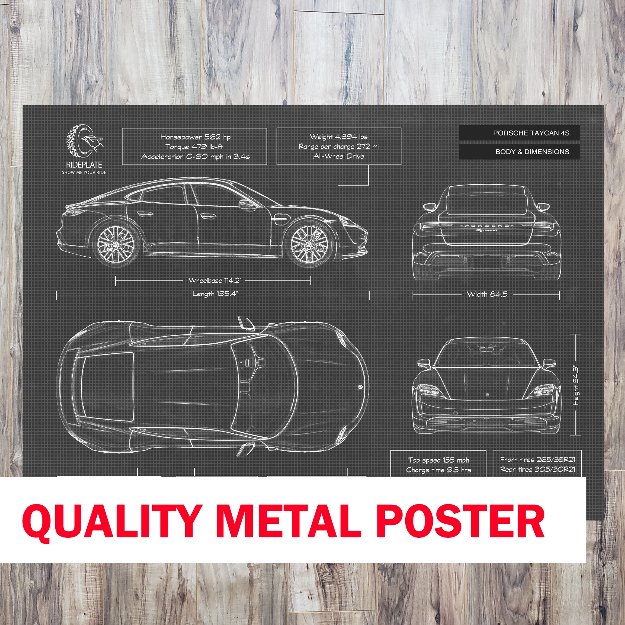 Porsche Taycan 4S | Blueprint METAL Poster | Car Enthusiast