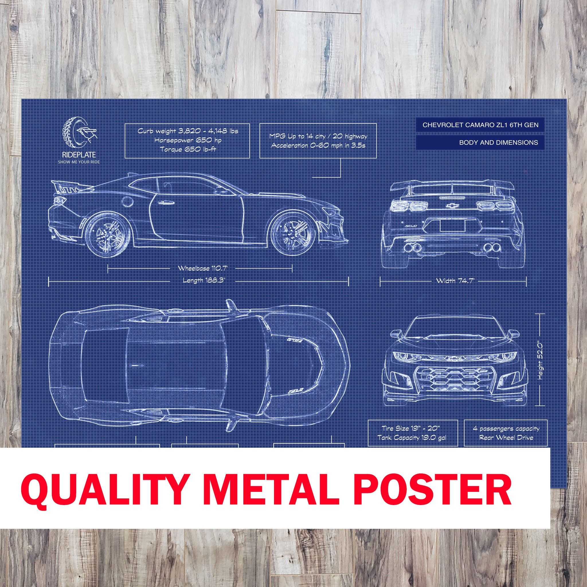 Chevrolet Camaro Zl1 6th Gen 2016 2020 Blueprint Poster Etsy