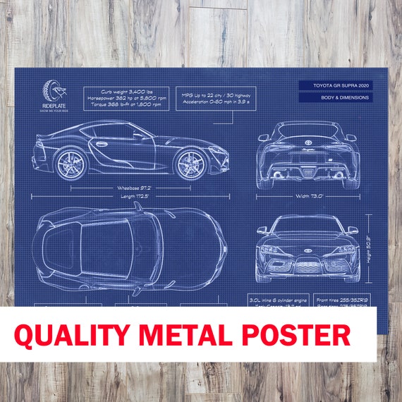 Toyota Supra GR 2020 2023 Blueprint Metal Poster Quality Matte