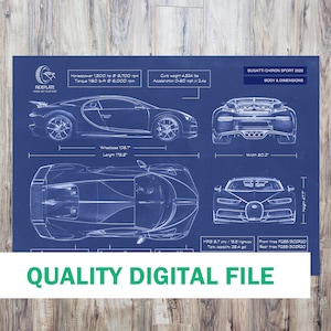 Bugatti Chiron Digital Blueprint Poster | High Quality Digital File | Car Enthusiast Lover Gift | Automotive Wall Art | Supercar Decoration