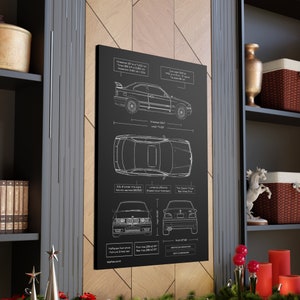 BMW E36 M3 Blueprint Canvas in Black | BMW M3 Owner Gift for Him | Car Enthusiast Lover Gift | BMW Wall Decor image 1