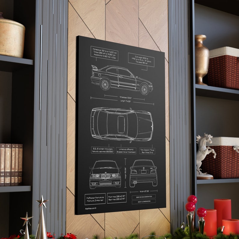BMW E36 M3 Blueprint Canvas in Black | BMW M3 Owner Gift for Him | Car Enthusiast Lover Gift | BMW Wall Decor image 1