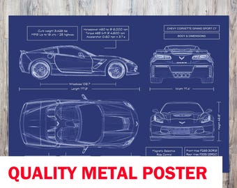 Chevrolet Corvette C7 Grand Sport Metal Poster – 2014–2019 Blueprint Wall Art, Garage Decor & Car Enthusiast Gift for Him or Dad