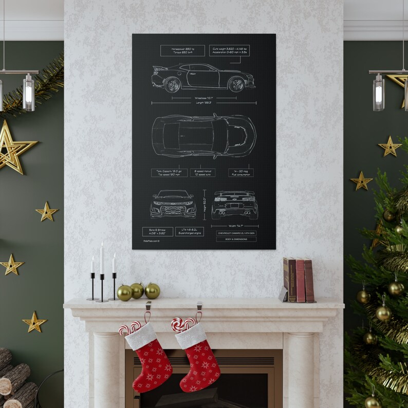 Chevy Camaro ZL1 6th Gen Blueprint Canvas in Black | Camaro ZL1 Owner Gift for Him | Car Enthusiast Lover Gift | Camaro ZL1 Wall Decor image 6