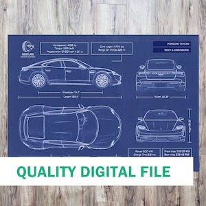 Porsche Taycan High Quality Digital File | Automotive Blueprint Wall Art | Porsche Enthusiast Gift | Decor of Car | Car Silhouette