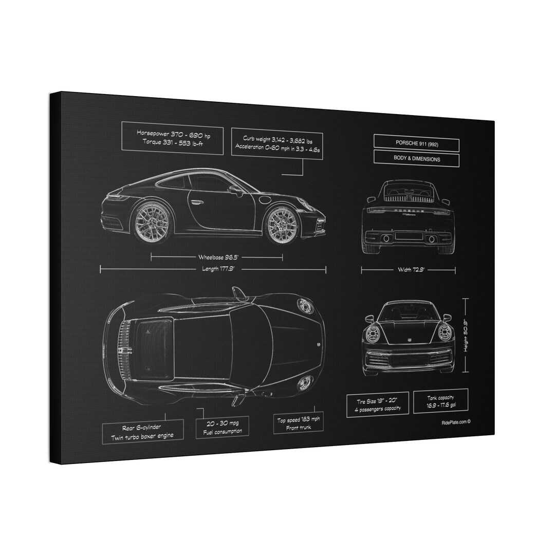 Porsche 911 992 Coupe Blueprint Canvas in Black | 2020 - 2023