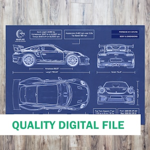 Porsche GT3 RS Digital Blueprint File | 2018 - 2019 | Car Enthusiast Lover Gift | Automotive Wall Art | Automotive Office Mancave Decor