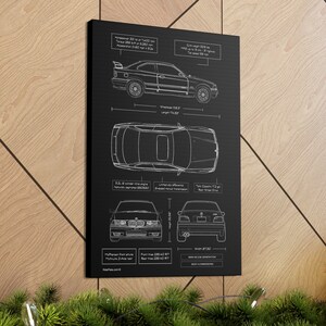 BMW E36 M3 Blueprint Canvas in Black | BMW M3 Owner Gift for Him | Car Enthusiast Lover Gift | BMW Wall Decor image 2