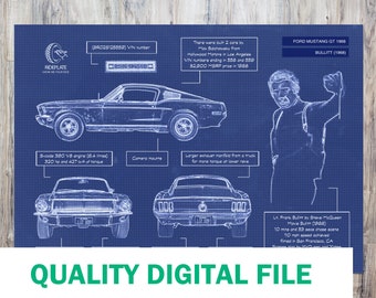 Ford Mustang Bullitt 1968 High Quality Digital File | Steve McQueen Bullitt Movie | Automotive Blueprint Wall Art | Classic Mustang Gift