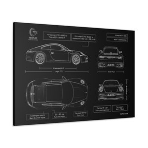 Porsche 911 992 Coupe Blueprint Canvas in Black | 2020 - 2023 | Gift for him | Car Enthusiast Lover Gift