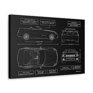 Cadillac XLR Blueprint Canvas in Black | 2004 - 2009 | Gift for him | Car Enthusiast Lover Gift | Gift for Husband | Cadillac Wall Art