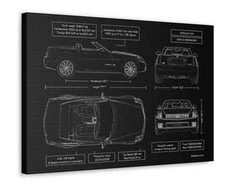 Cadillac XLR Blueprint Canvas in Black | 2004 - 2009 | Gift for him | Car Enthusiast Lover Gift | Gift for Husband | Cadillac Wall Art