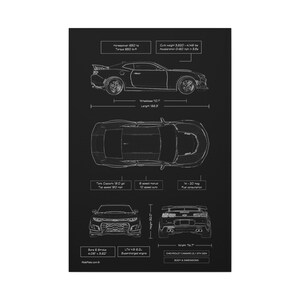 Chevy Camaro ZL1 6th Gen Blueprint Canvas in Black | Camaro ZL1 Owner Gift for Him | Car Enthusiast Lover Gift | Camaro ZL1 Wall Decor image 3