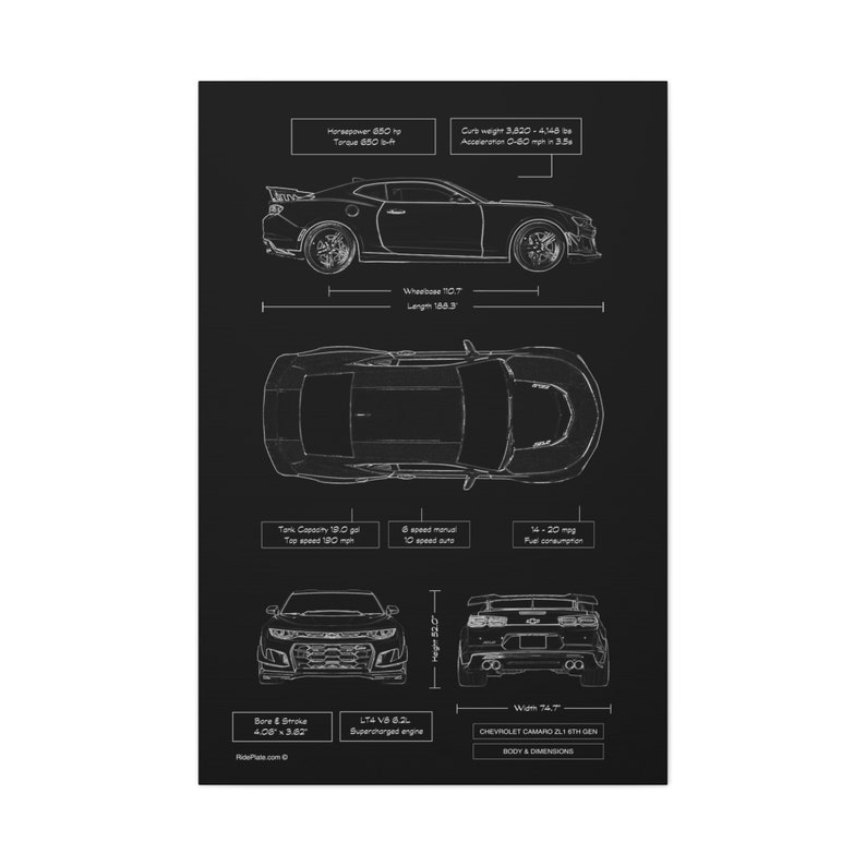 Chevy Camaro ZL1 6th Gen Blueprint Canvas in Black | Camaro ZL1 Owner Gift for Him | Car Enthusiast Lover Gift | Camaro ZL1 Wall Decor image 3