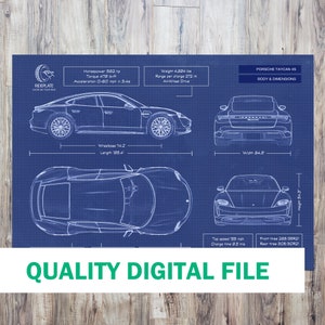 Porsche Taycan 4S Car Blueprint Digital File | Automotive Blueprint Wall Art | Porsche Fan Gift | Garage Mancave Decor | Metal Car Art