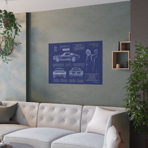 Affiche du plan directeur du film Ford Mustang Bullitt 1968 (bleu) | Art mural voiture sans cadre | Cadeau automobile 210 g/m² papier | Voiture Steve McQueen