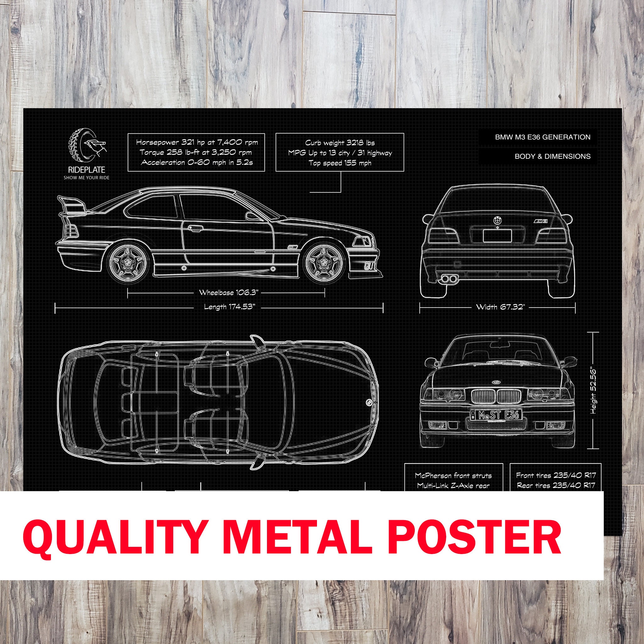 BMW M3 E36 19902000 Car Blueprint Poster High Quality Etsy