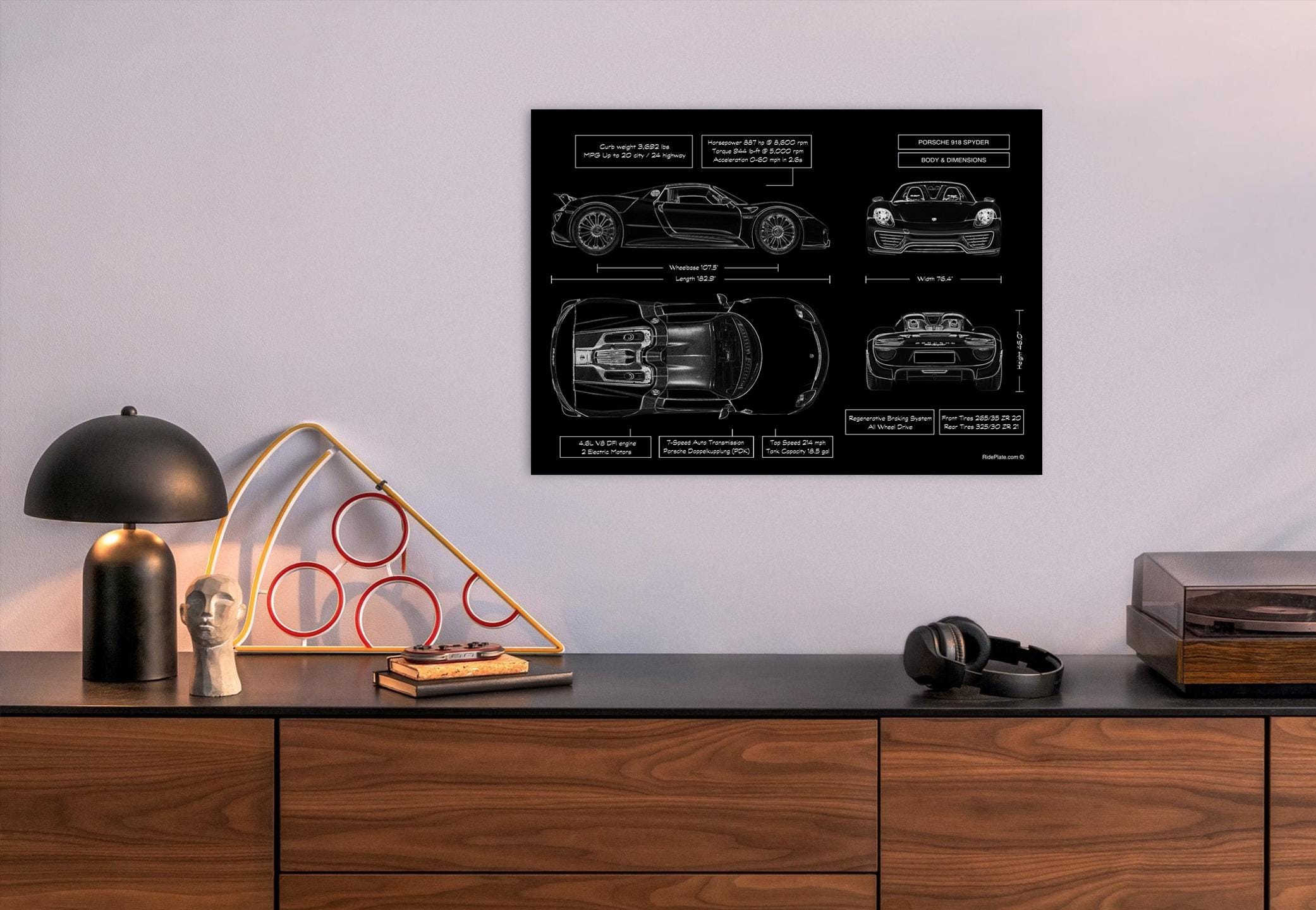 Porsche 918 Spyder 2014-2015 Blueprint Metal Poster – Supercar