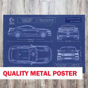 Ford Mustang GT 6th Generation Blueprint Metal Poster | 2015-2020 | Car Drawing | Car Enthusiast Lover Gift | Mustang Gift | Office Garage