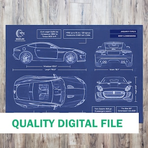 Jaguar F-Type R Digital Blueprint | Car Enthusiast Gift | Automotive Wall Art | Jaguar Gift | Metal Wall Garage Office Mancave Decor