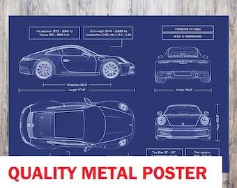 Porsche 911 992 2018-2024 Blueprint Metal Poster – High-Performance Sports Car Wall Art for Garage, Office or Man Cave Gift