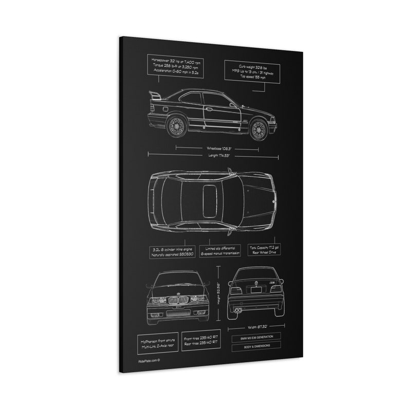 BMW E36 M3 Blueprint Canvas in Black | BMW M3 Owner Gift for Him | Car Enthusiast Lover Gift | BMW Wall Decor image 4