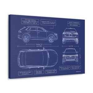 Audi Q8 1st Generation | 2019 - 2023 | Blueprint Canvas in Blue Ready to Display | Gift for Car Enthusiast Audi Owner