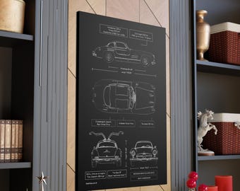 Mercedes Benz 300 SL Gullwing Blueprint Canvas in Black | Mercedes Benz Owner Gift for Him | Car Enthusiast Lover Gift | Car Wall Art