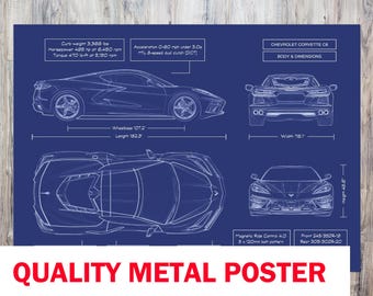 Chevrolet Corvette C8 Coupe Metal Blueprint Poster – 2020–2024 Car Wall Art, Garage Decor & Automotive Gift for Him or Dad